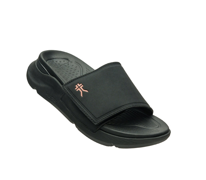 Detail side by side view of KURU Footwear MOMENT Women's Sandal in  Jet Black-Peach Sherbet
