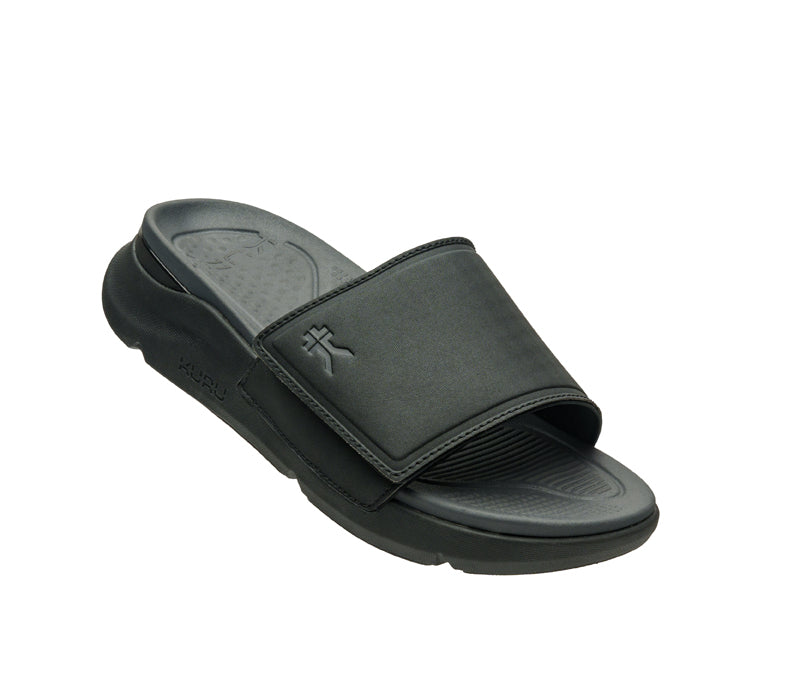 Detail side by side view of KURU Footwear MOMENT Men's Sandal in Jet Black/Storm Gray