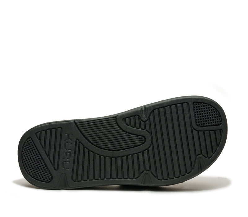 Close-up of the bottom of the heel on the KURU Footwear MOMENT Men's Sandal in Jet Black/Storm Gray 
