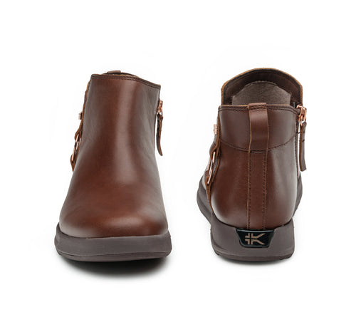 Front and back view on KURU Footwear TEMPO Women's Ankle Boot in RichWalnut-Copper