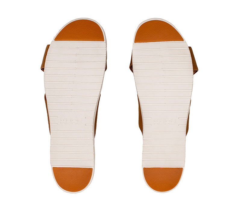 Detail of the sole pattern on the KURU Footwear BREEZE Women's Slide Sandal in CaramelBrown-White-Gum