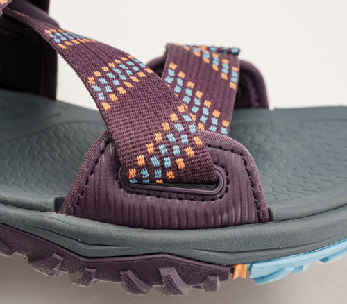 Close-up of the material on the KURU Footwear CURRENT Women's Sandal in Plum-AquaticBlue
