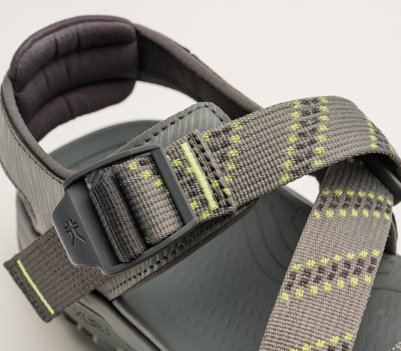 Close-up of the single-pull straps on the KURU Footwear CURRENT Men's Sandal in SlateGray-KURUGreen