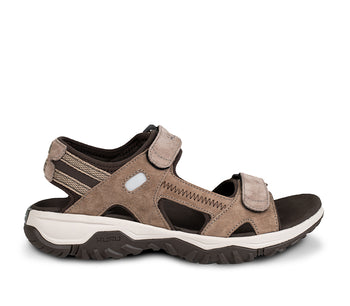 Outside profile details on the KURU Footwear TREAD Women's Sandals in CedarBrown-VanillaCream-PaleKhaki