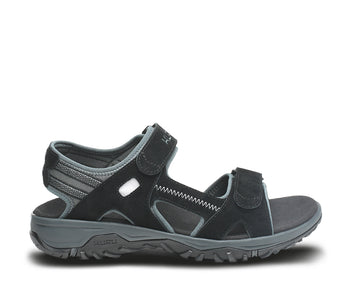 Outside profile details on the KURU Footwear TREAD Men's Sandals in JetBlack-EmpireSteel