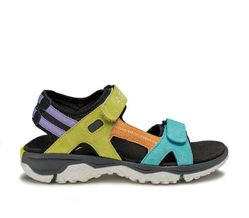 Outside profile details on the KURU Footwear TREAD Women's Sandals in Multicolor-JetBlack