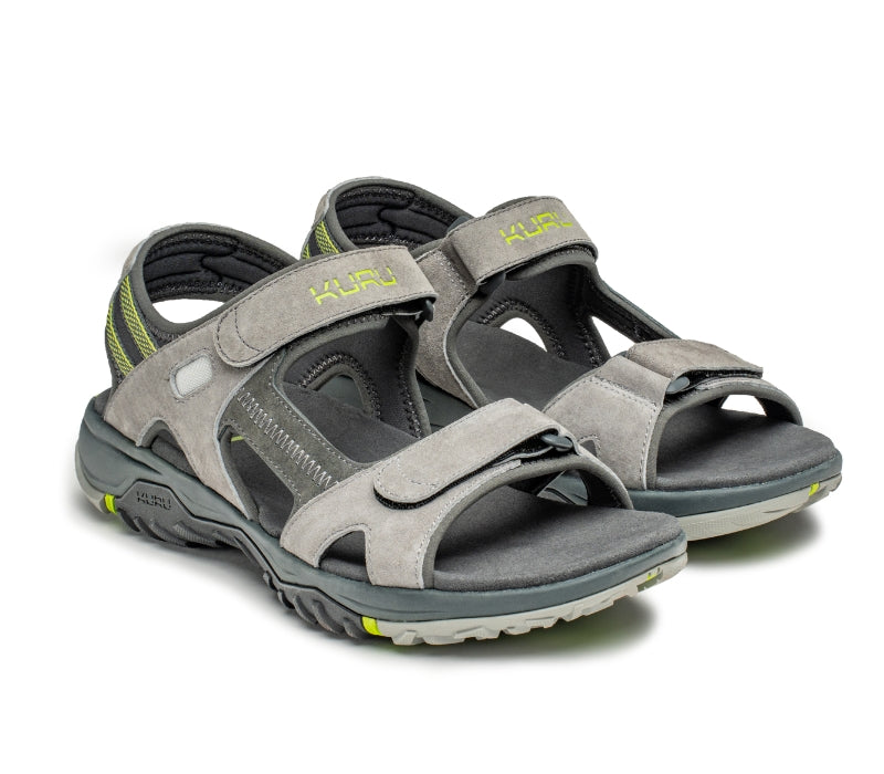 Side by side view of KURU Footwear TREAD Men's Sandals in WildDove-DarkShadow-LimeGreen