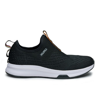 Outside profile details on the KURU Footwear ATOM Slip-On Women's Sneaker in JetBlack