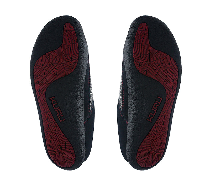 Detail of the sole pattern on the KURU Footwear DRAFT Women's Slipper in Black-RedRuby
