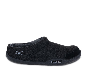 Outside profile details on the KURU Footwear DRAFT Men's Slipper in Charcoal-Black