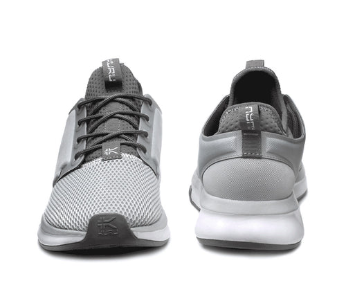 Front and back view on KURU Footwear ATOM Women's Athletic Sneaker in CloudGray-White-IronGray