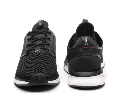 Front and back view on KURU Footwear ATOM Men's Athletic Sneaker in JetBlack-White-FireRed