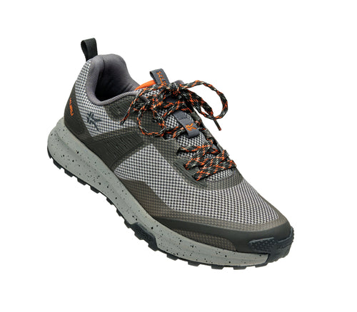 Toe touch view on KURU Footwear ATOM Trail Men's Sneaker in LeadGray-OrangeSpice