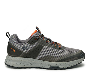 Outside profile details on the KURU Footwear ATOM Trail Men's Sneaker in LeadGray-OrangeSpice