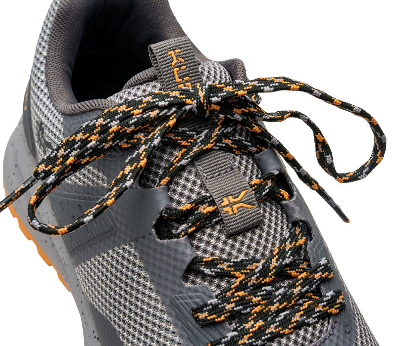 Close-up of the laces on the KURU Footwear ATOM Trail Women's Sneaker in SmokeGray-Apricot