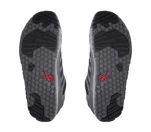 Detail of the sole pattern on the KURU Footwear CHICANE Men's Trail Hiking Shoe in JetBlack-CardinalRed