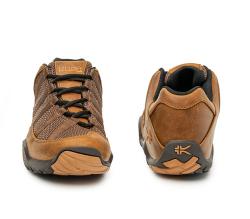 Front and back view on KURU Footwear CHICANE Men's Trail Hiking Shoe in MustangBrown-ToffeeBrown
