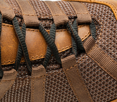 Close-up of the material on the KURU Footwear CHICANE Men's Trail Hiking Shoe in MustangBrown-ToffeeBrown