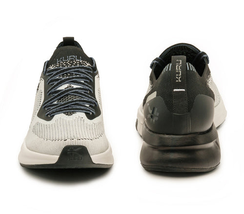 Front and back view on KURU Footwear FLUX Men's Sneaker in JetBlack-BrightWhite