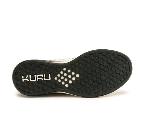 Detail of the sole pattern on the KURU Footwear FLUX Men's Sneaker in JetBlack-BrightWhite