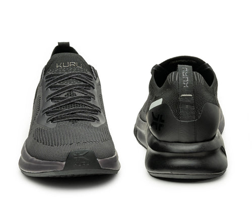 Front and back view on KURU Footwear FLUX Men's Sneaker in JetBlack-SmokeGray