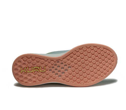 Detail of the sole pattern on the KURU Footwear FLUX Women's Sneaker in LimeSorbet-MistBlue