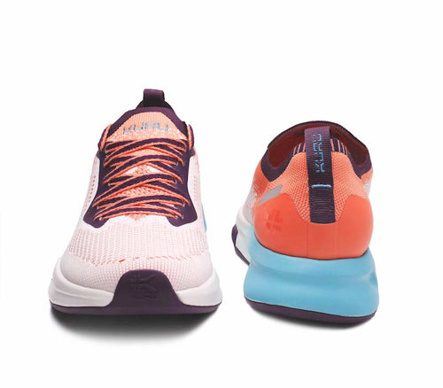 Front and back view on KURU Footwear FLUX Women's Sneaker in OrangeSherbet-CalypsoBlue