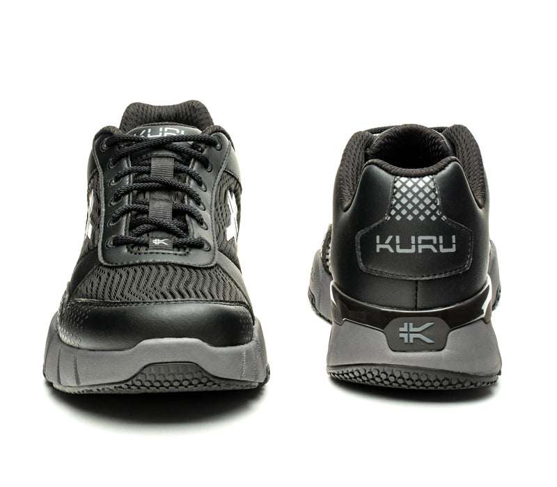 Front and back view on KURU Footwear QUANTUM Men's Fitness Sneaker in JetBlack-SlateGray