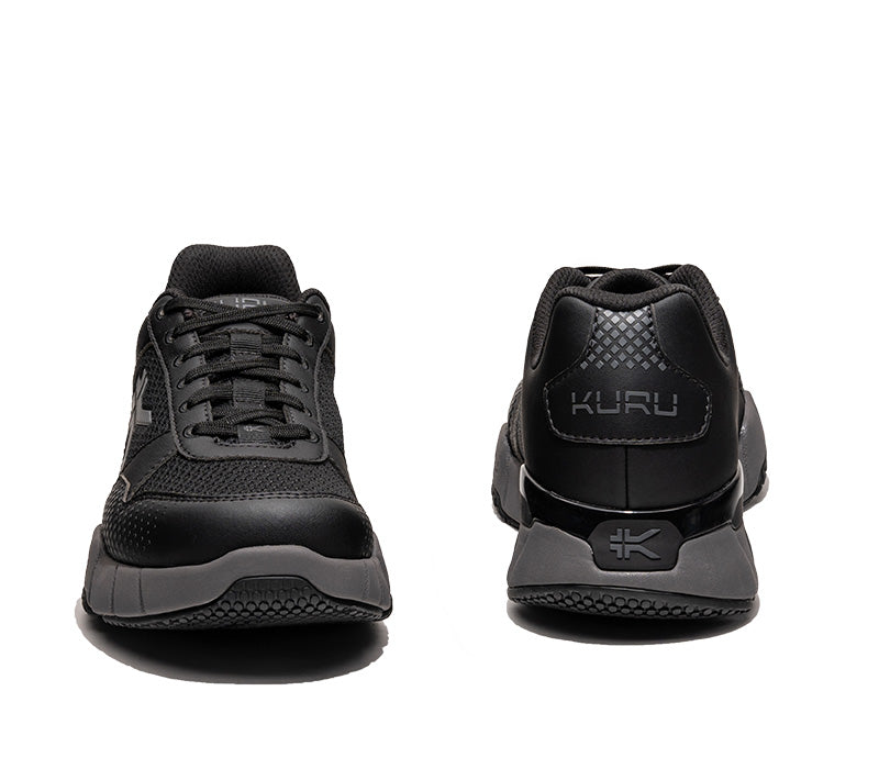 Front and back view on KURU Footwear QUANTUM 2.0 WIDE Men's Fitness Sneaker in Jet Black/Slate Gray