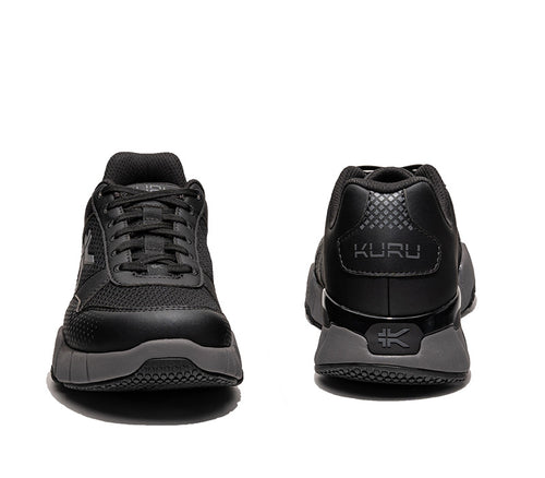 Front and back view on KURU Footwear QUANTUM 2.0 WIDE Women's Fitness Sneaker in Jet Black/Slate Gray