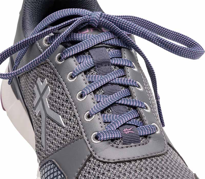 Close-up of the laces on the KURU Footwear QUANTUM 2.0 Women's Fitness Sneaker in Pewter/Night Sky