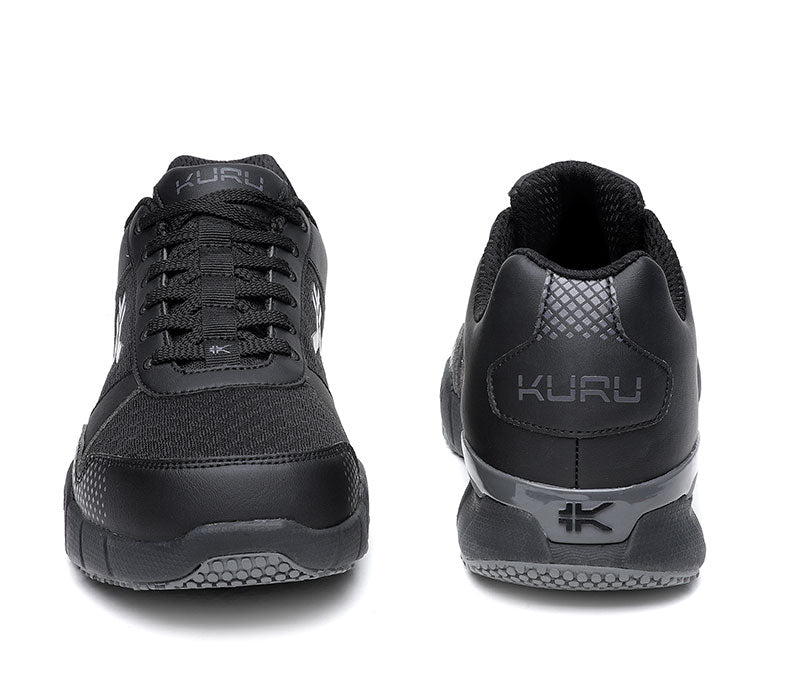 Front and back view on KURU Footwear QUANTUM WIDE Men's Fitness Sneaker in JetBlack-Charcoal
