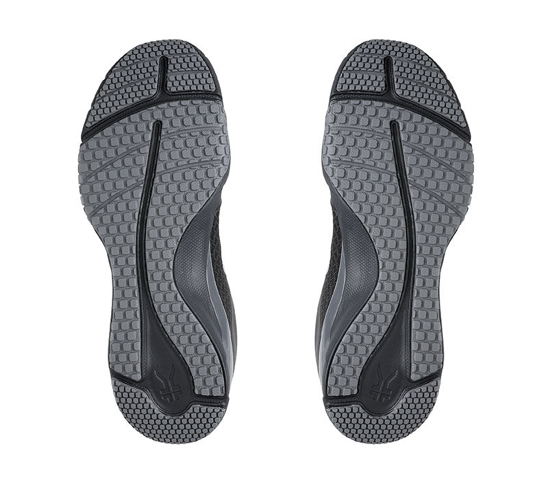 Detail of the sole pattern on the KURU Footwear QUANTUM WIDE Men's Fitness Sneaker in JetBlack-Charcoal
