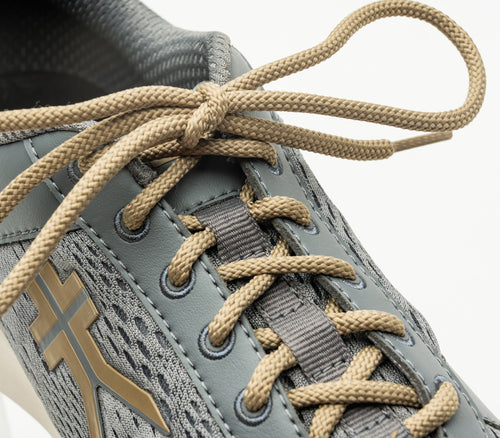 Close-up of the laces on the KURU Footwear QUANTUM Women's Fitness Sneaker in Slate Gray-Sand