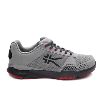 Outside profile details on the KURU Footwear QUANTUM WIDE Men's Fitness Sneaker in Tungsten-CardinalBlack