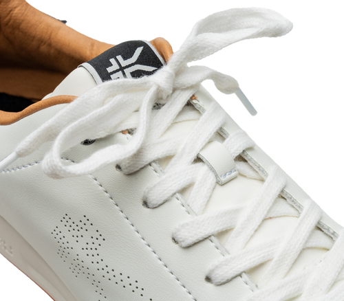 Close-up of the laces on the KURU Footwear ROAM Men's Classic Court Sneaker in New-BrightWhite-JetBlack