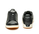 Front and back view on KURU Footwear ROAM Women's Classic Court Sneaker in JetBlack-BrightWhite
