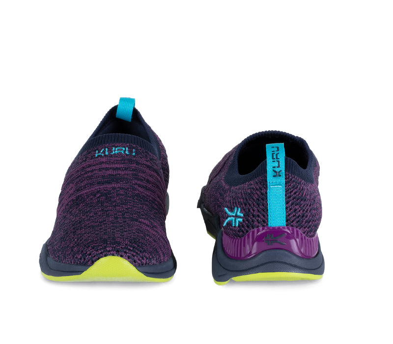 Front and back view on KURU Footwear STRIDE WIDE Women's Slip-on Sneaker in MidnightBlue-ElectricGrape