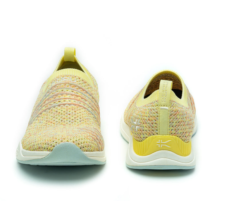 Front and back view on KURU Footwear STRIDE Women's Slip-on Sneaker in YellowBurst-Confetti