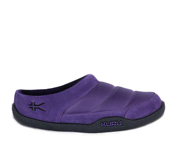 Outside profile details on the KURU Footwear DRAFT Women's Slipper in PurplePunch-Black
