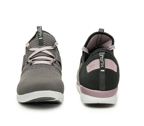 Front and back view on KURU Footwear PIVOT Women's Lace-up Elastic Sneaker in SmokeGray-LavenderThistle