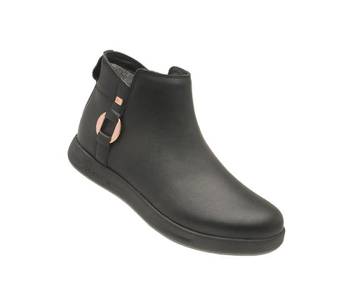 Toe touch view on KURU Footwear TEMPO Women's Ankle Boot in JetBlack-RoseGold