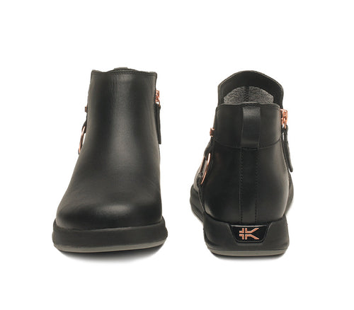 Front and back view on KURU Footwear TEMPO Women's Ankle Boot in JetBlack-RoseGold
