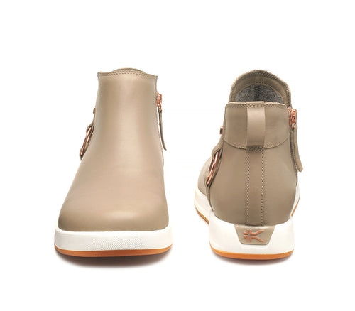 Front and back view on KURU Footwear TEMPO Women's Ankle Boot in TaupeGray-RoseGold
