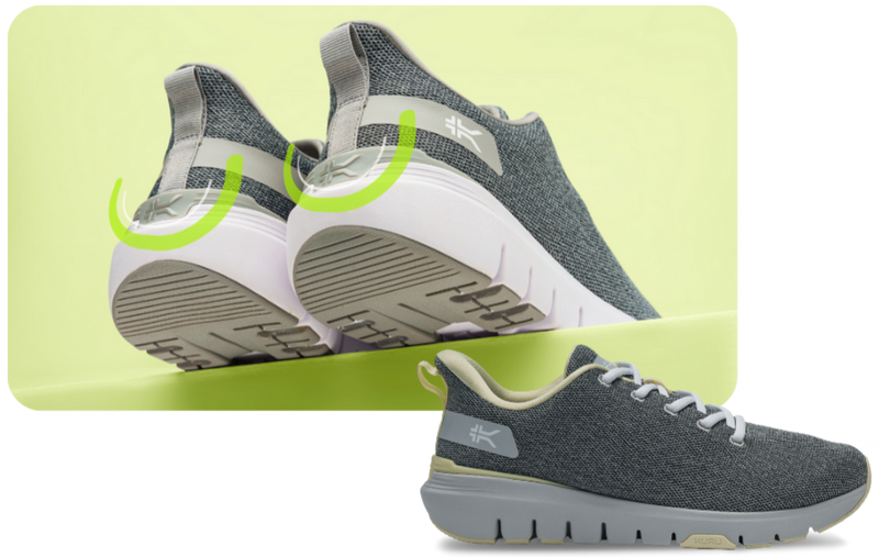 KURU FLEX Via shoe featured in a mobile landing page banner highlighting comfort and support benefits.