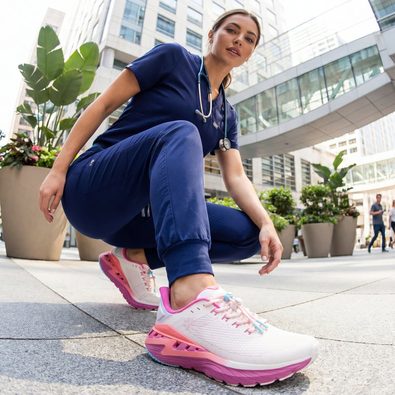 Woman wearing blue scrubs and pink athletic shoes in an urban setting