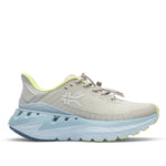 Gray and blue shoe with green accents on a white background