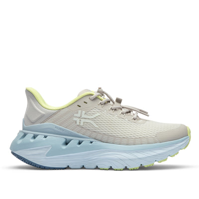 Gray and blue shoe with green accents on a white background