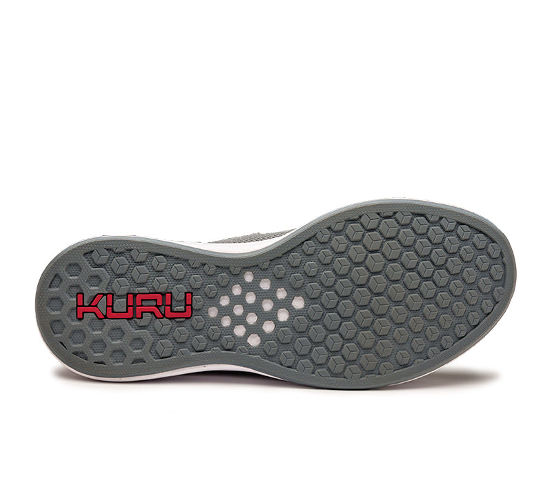 Detail of the sole pattern on the KURU Footwear ATOM Slip-On Men's Sneaker in CloudGray-TangoRed