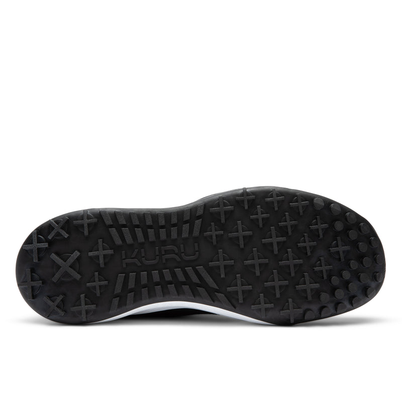 Black shoe sole with tread pattern on a white background